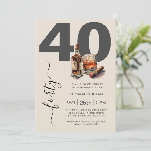 Whiskey en Sigaren Mannelijk 40e Verjaardagsfeest Kaart (Staand voorkant)