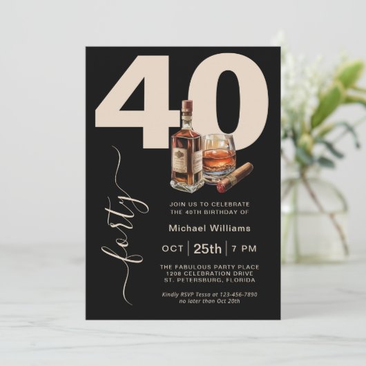 Whiskey en Sigaren Mannelijk 40e Verjaardagsfeest Kaart (Staand voorkant)