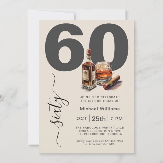 Whiskey en Sigaren Mannelijk 60e Verjaardagsfeest Kaart (Voorkant)