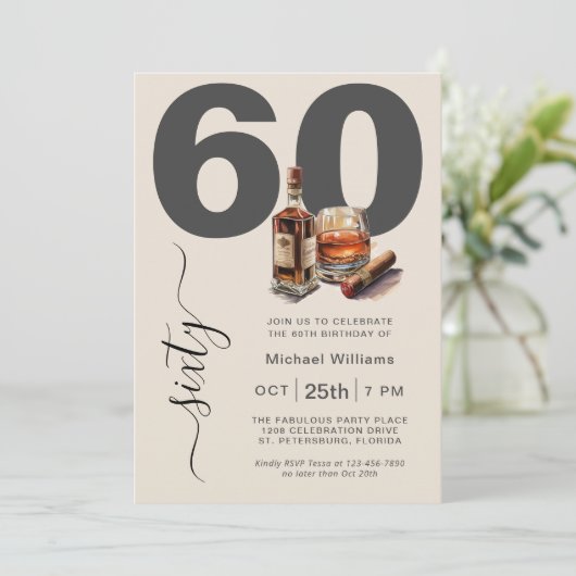 Whiskey en Sigaren Mannelijk 60e Verjaardagsfeest Kaart (Staand voorkant)