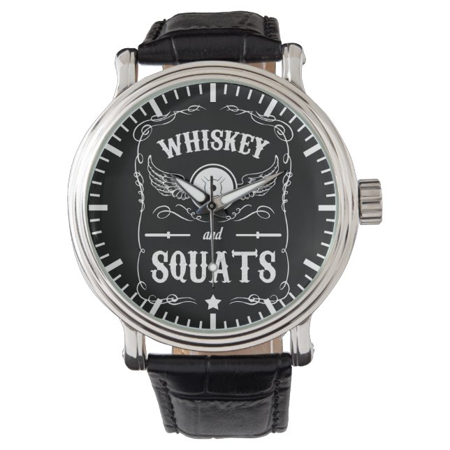 Whiskey en Squats - "Gewichtheffen" Motivatie Horloge (Voorkant)