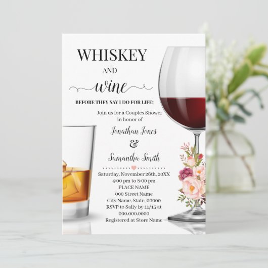 Whiskey en wijn voordat ik doe bruiloft douche roz kaart (Staand voorkant)