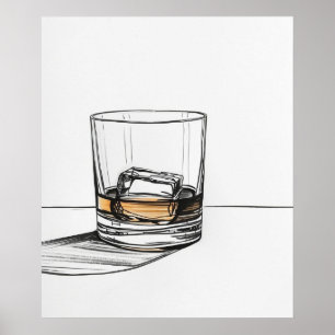 Whiskey op de rotsen glas minimalistische lijn art poster