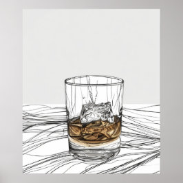 Whiskey op de rotsen glas minimalistische lijnkuns poster