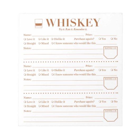 Whiskey Tracker, Whiskey Lover Drink Rating Sheet Notitieblok (Voorkant)