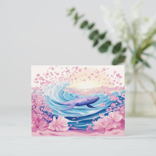 Whisky blauwe en roze walvis kunst briefkaart (Staand voorkant)