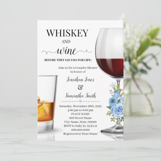 Whisky en wijn voordat ik bruidsdouche blauw doe kaart (Staand voorkant)