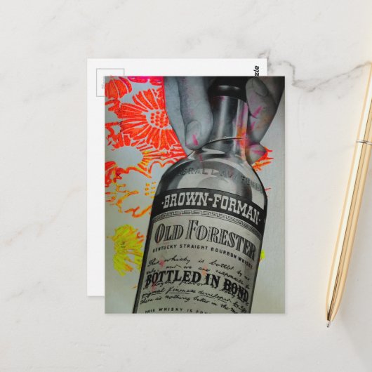 Whisky Fles Bloemige Bottled in Bond Collage Briefkaart (Voorkant / Achterkant in situ)