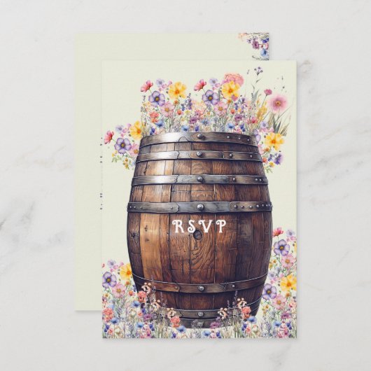 Whisky Vat Rustiek Hout Lente Bloemen RSVP Kaartje (Voorkant / Achterkant)