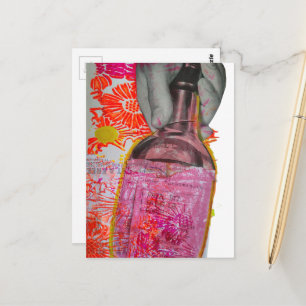 Whiskyfles Roze Oranje Mixed Media Collage Briefkaart