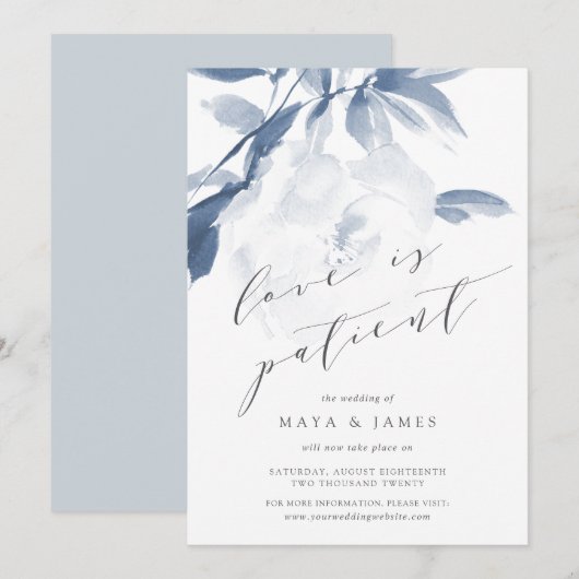 Whisper Blue Love Is Patient Huwelijksuitstel Aankondiging (Voorkant / Achterkant)