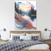 Whisper of the Wild: A Feather’s Portal to Sunset  Canvas Afdruk (Insitu (Slaapkamer))