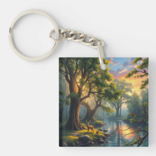 Whispering Bossen bij Dawn Natuur Kunstwerk Magnet Sleutelhanger