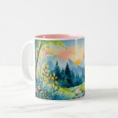 Whispering Forest bij zonsopgang Tweekleurige Koffiemok (Voorkant links)