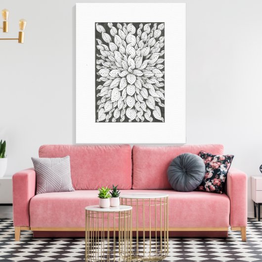 Whispering Leaves: Minimal Black & White Doodle Canvas Afdruk (Insitu (Woonkamer))