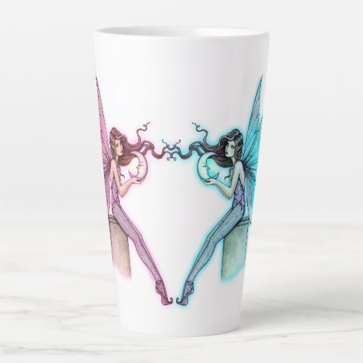 Whispering Moon Twins Roze en Turquoise feeën Latte Mok (Voorkant)