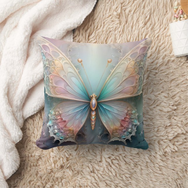 Whispers of Color: Pastel Fractal Butterfly Dream Kussen (Deken)