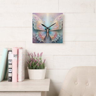 Whispers of Color: Pastel Fractal Butterfly Dream Vierkante Klok