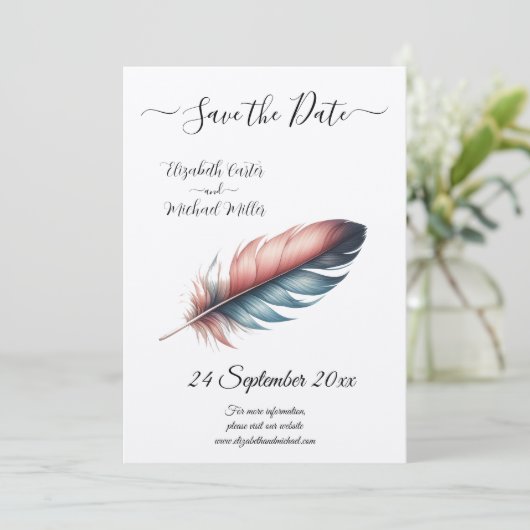 Whispers of Grace Feathered Elegance Minimalisme Save The Date (Staand voorkant)