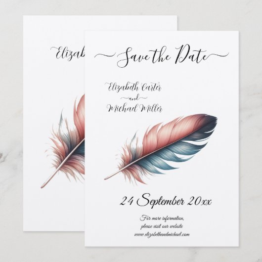 Whispers of Grace Feathered Elegance Minimalisme Save The Date (Voorkant / Achterkant)