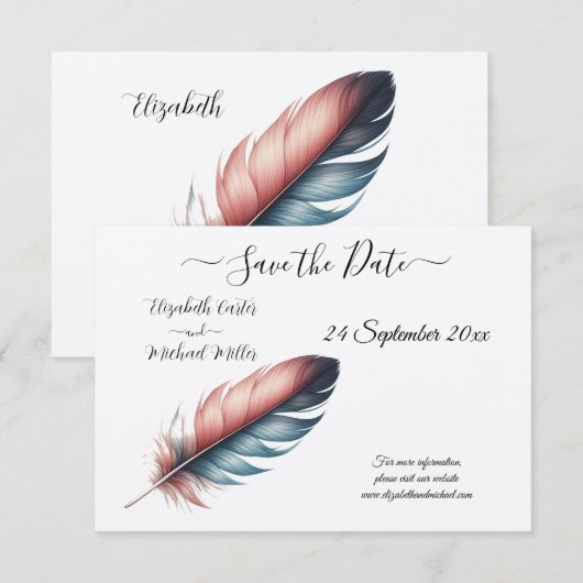 Whispers of Grace Feathered Elegance Minimalisme Save The Date (Voorkant / Achterkant)
