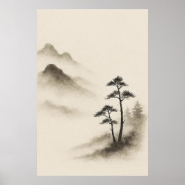 Whispers of Mist: Ink-Wash Mountain Tranquility Poster