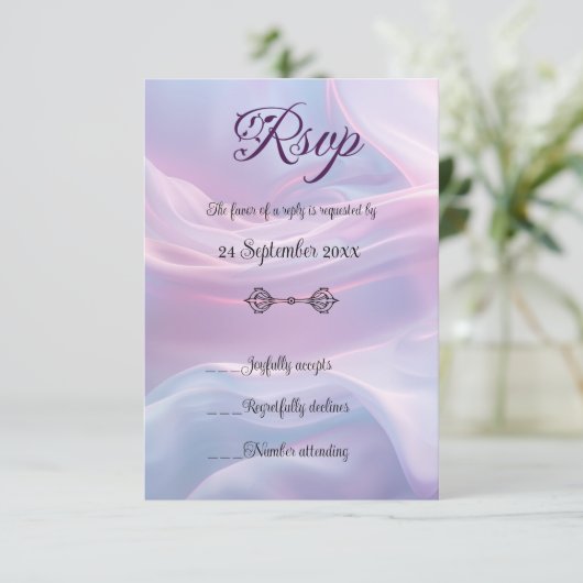 Whispers of Silk: Dromerige pastelgolven Roze Blau RSVP Kaartje (Staand voorkant)