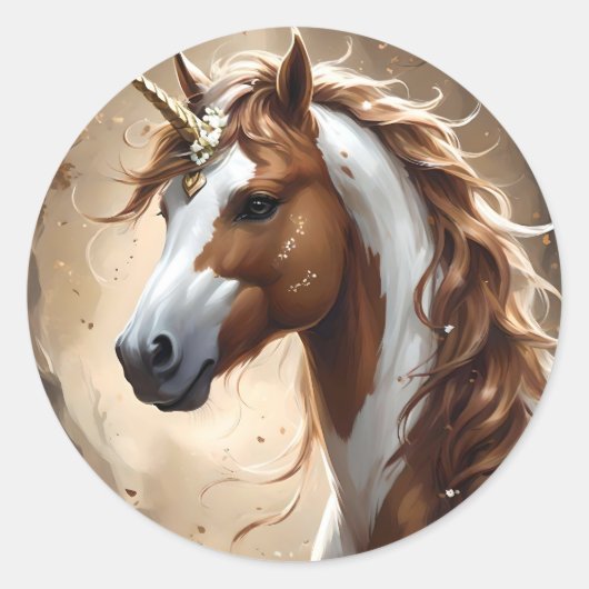 Whispers of the Brown and White Fantasy Unicorn, Ronde Sticker (Voorkant)