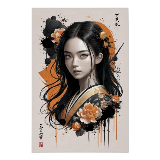 Whispers of the Geisha Bloom: Aziatische gouden bl Perfect Poster (Voorkant)