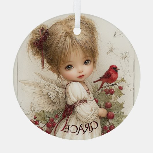 Whispers of Winter – Fairy Child with Cardinal  Glas Ornament (Achterkant)