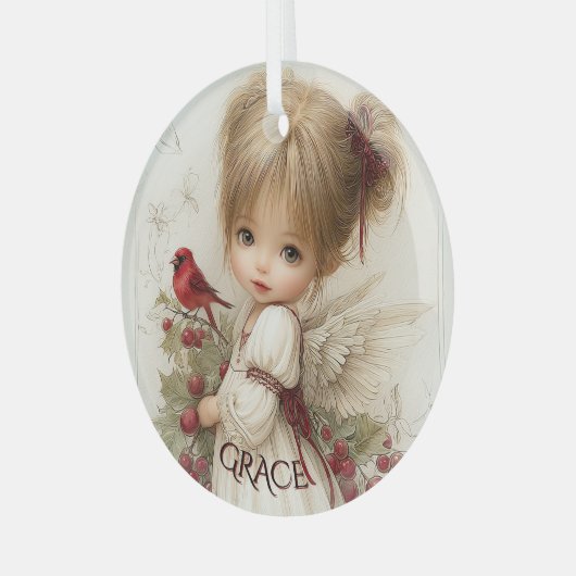 Whispers of Winter – Fairy Child with Cardinal  Glas Ornament (Voorkant links)