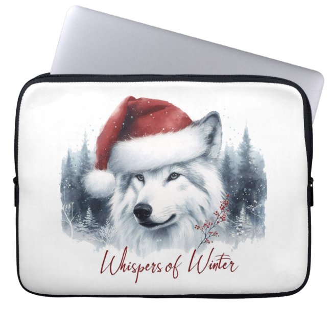 Whispers of Winter - Waterverf Wolf in Santa Hat Laptop Sleeve (Voorkant)