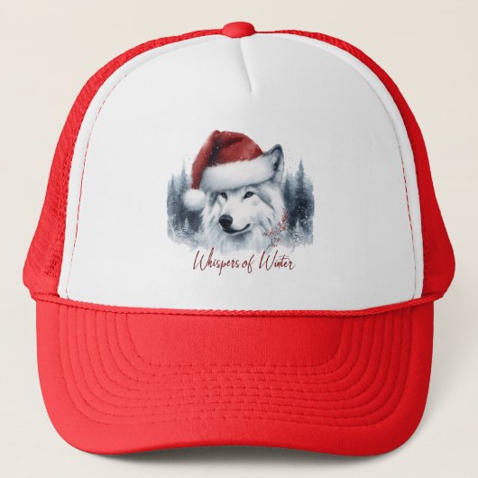 Whispers of Winter - Waterverf Wolf in Santa Hat Trucker Pet (Voorkant)