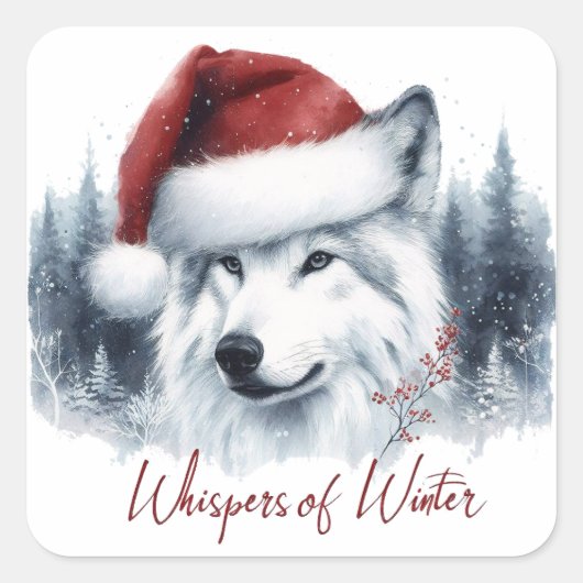Whispers of Winter - Waterverf Wolf in Santa Hat Vierkante Sticker (Voorkant)