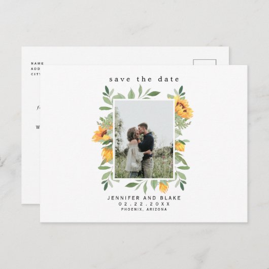 Whispers van Spring Sunflower Photo Save Date Aankondigingskaart (Voorkant / Achterkant)