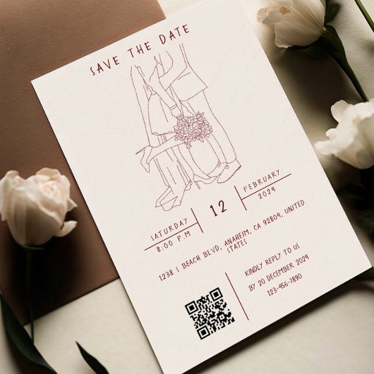 Whissical illustratie met QR-code RSVP bruiloft Kaart