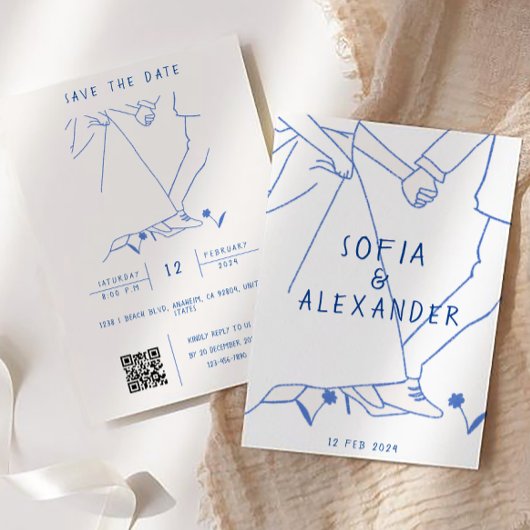 Whissical illustratie met QR-code RSVP bruiloft Kaart
