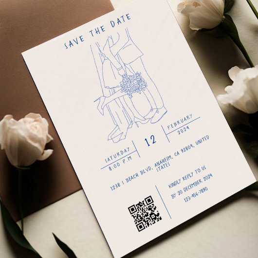Whissical illustratie met QR-code RSVP bruiloft Kaart