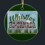 Whistler Canada Fun Retro Snowy Mountains Keramisch Ornament<br><div class="desc">Klokler Canada neo vintage-reisontwerp in een leuke retro-cartoon stijl met sneeuwbekapte bergen,  bos en bomen eronder,  blauwe hemel en coole retro-scripttekst.</div>