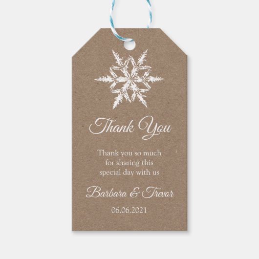 Whit & Kraft Sneeuwvlokken Winter Bruiloft Dank je Cadeaulabel (Voorkant)