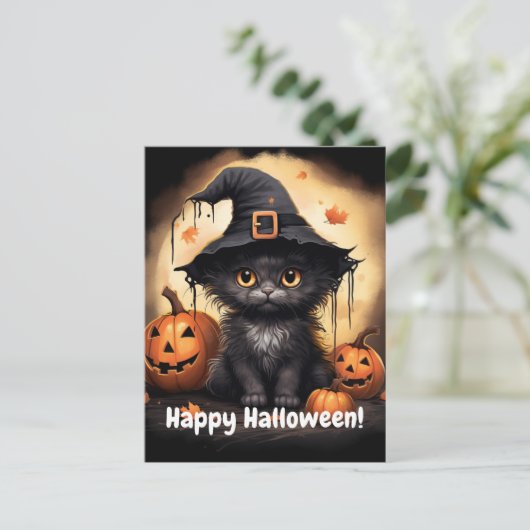 Whitchy zwart Kat pompoen Halloween Briefkaart (Staand voorkant)
