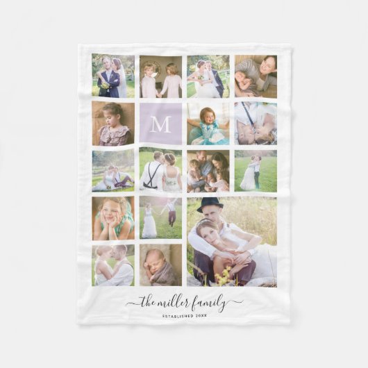 White 16 Photo Collage Monogram Name Calligraphy Fleece Deken (Voorkant)