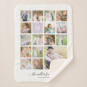 White 16 Photo Collage Monogram Name Calligraphy Sherpa Deken