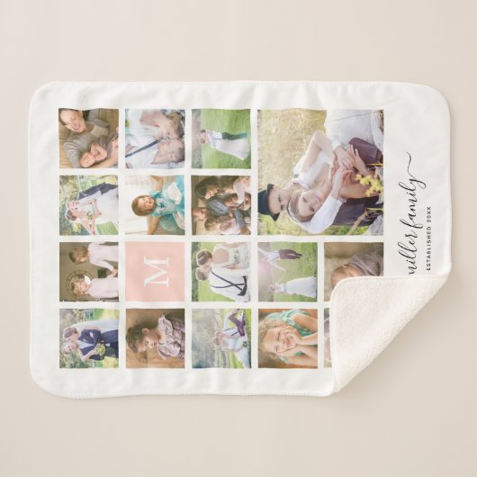 White 16 Photo Collage Monogram Name Calligraphy Sherpa Deken (Voorkant (horizontaal))