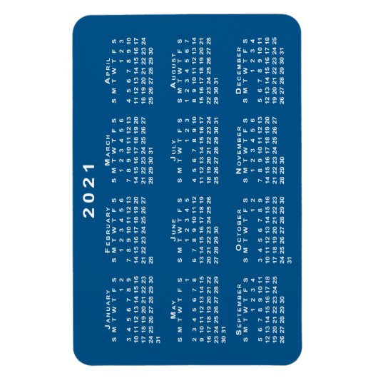 White 2021 Calendar Blauwgroen Blue Background Sja Magneet (Verticaal)