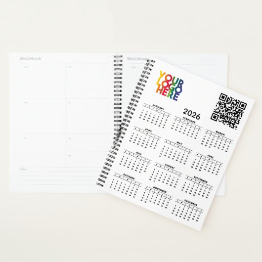 White 2026 Calendar Business Logo QR Code Planner (Display)