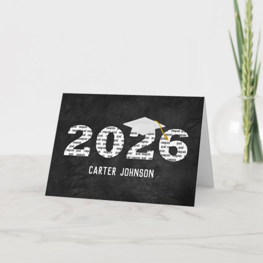 White 2026 Graduation Cap On Black Leather Kaart (Voorkant)
