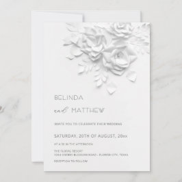 White 3D Flowers Roses Minimalist Wedding Invitati Kaart