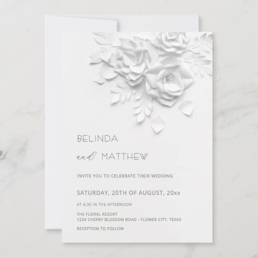 White 3D Flowers Roses Minimalist Wedding Invitati Kaart (Voorkant)