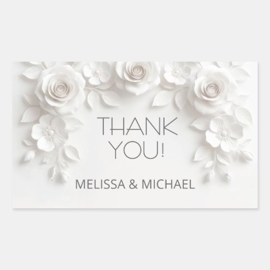 White 3D Roses Wedding Thank You Rechthoekige Sticker (Voorkant)